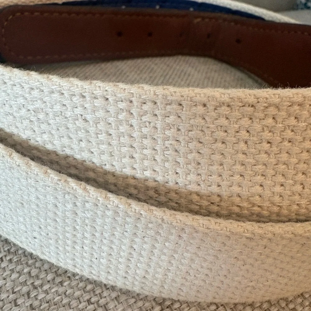 Navy Nautical Ribbon Canvas Belt with Brown Leather Trim